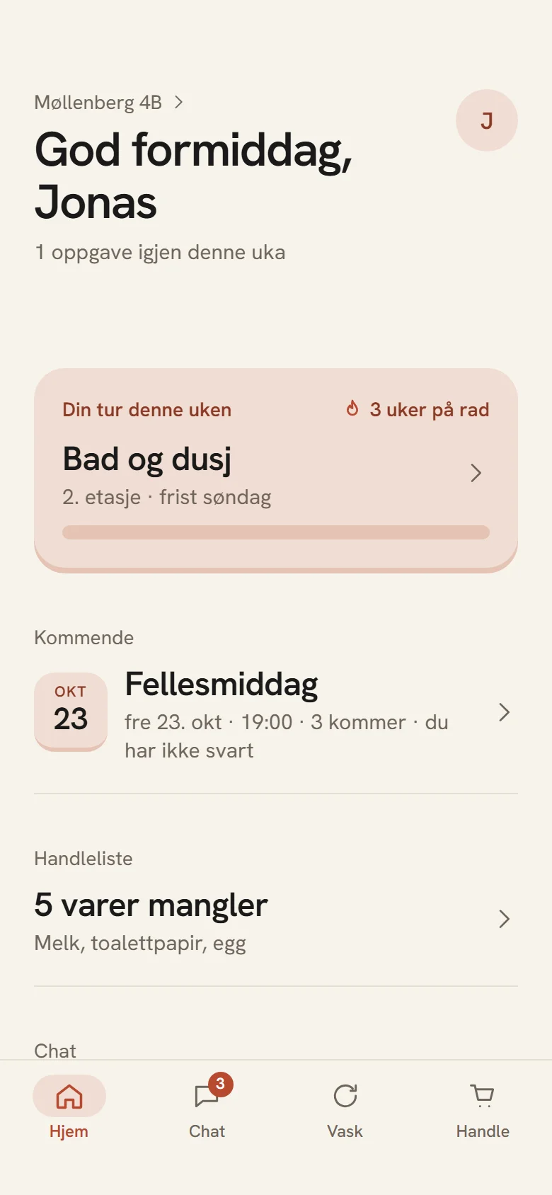Hjem-skjermen i Kollektiv: din tur denne uka, kommende fellesmiddag, handleliste og siste melding.